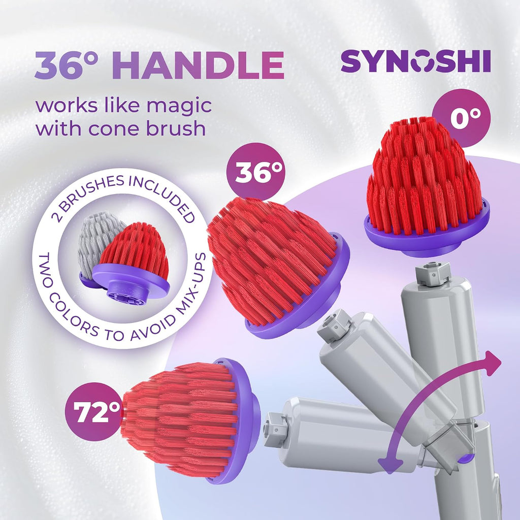 Synoshi PRO Electric Spin Scrubber with Long Handle & Cone Brush Heads