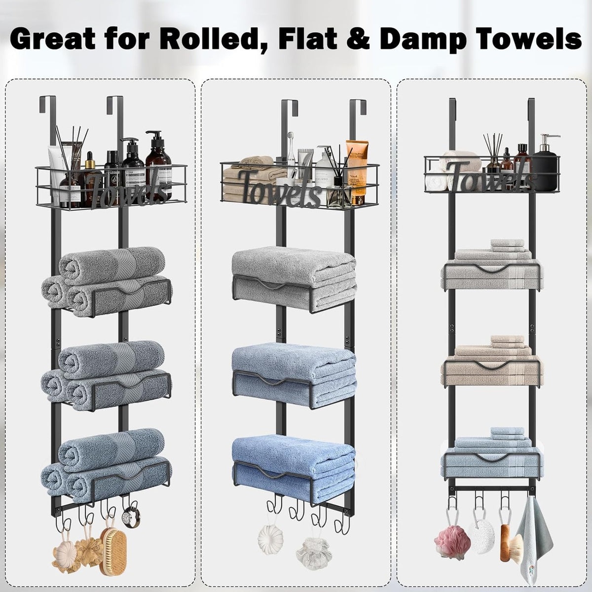 Over The Door Towel Racks, No Drill Towel Storage with Basket & Hooks, Space-Saving Multi-Functional Towel Holder for Bathrooms, bedrooms, Apartments, RVs (Matte Black, 5 Tier)