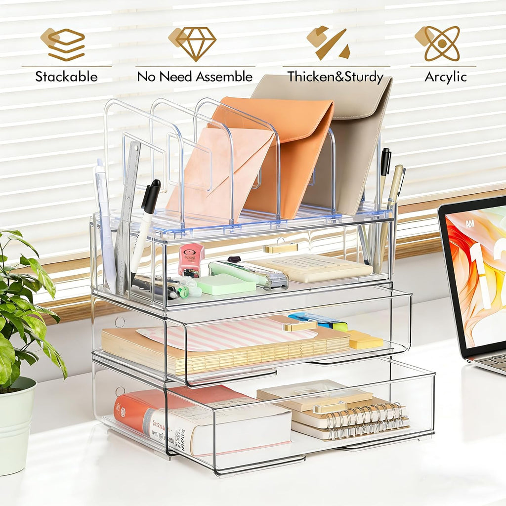 Acrylic Desk Organizer with 4-Vertical File Holder Rack, 3-Clear Drawer and 2 Pen Holders, Desktop Storage for Office Desk Accessories School Classroom Organization (Clear)