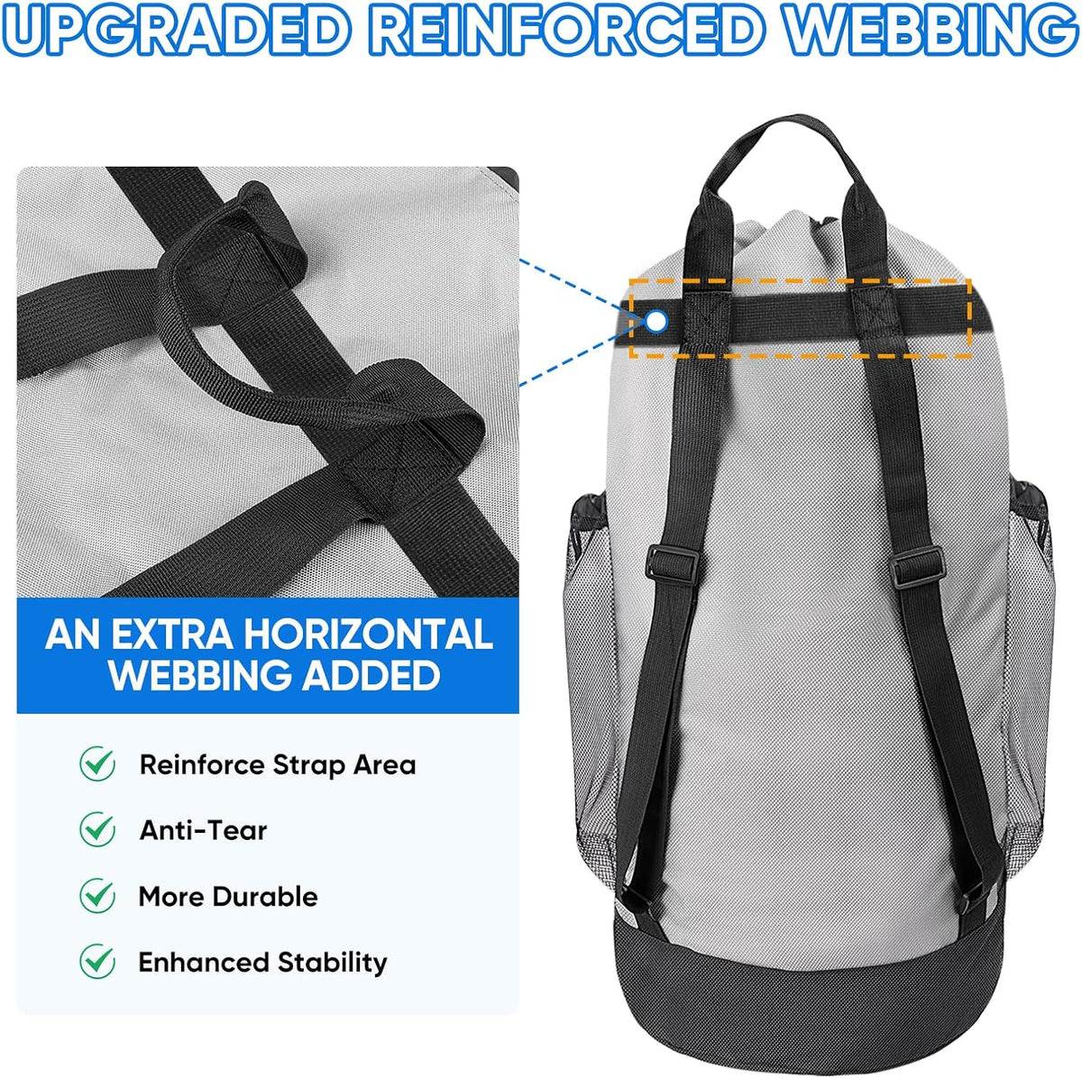 BALEINE 120L Laundry Bag Backpack, 900D Oxford Fabric Large Travel Laundry Bags with Shoulder Straps and 2 Mesh Pockets for College Dorm, Apartment, Laundromat (Gray, 120L)