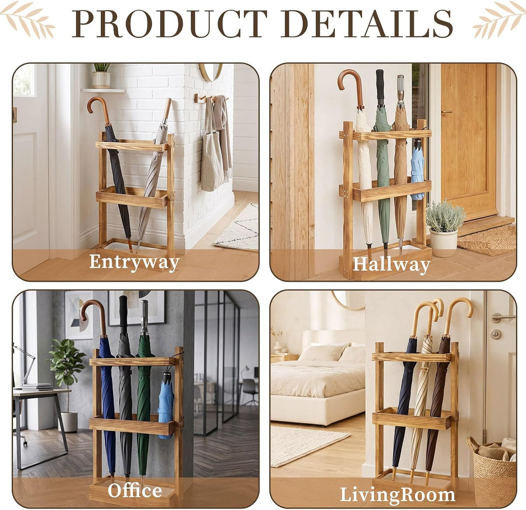 Patelai Wooden Umbrella Stand Rack with Removable Drip Tray for Entryway