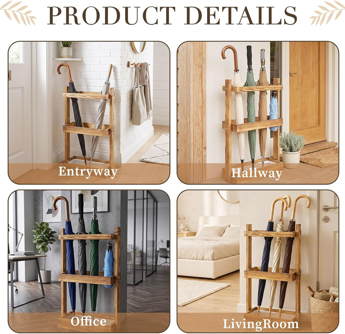 Patelai Wooden Umbrella Stand Rack with Removable Drip Tray for Entryway