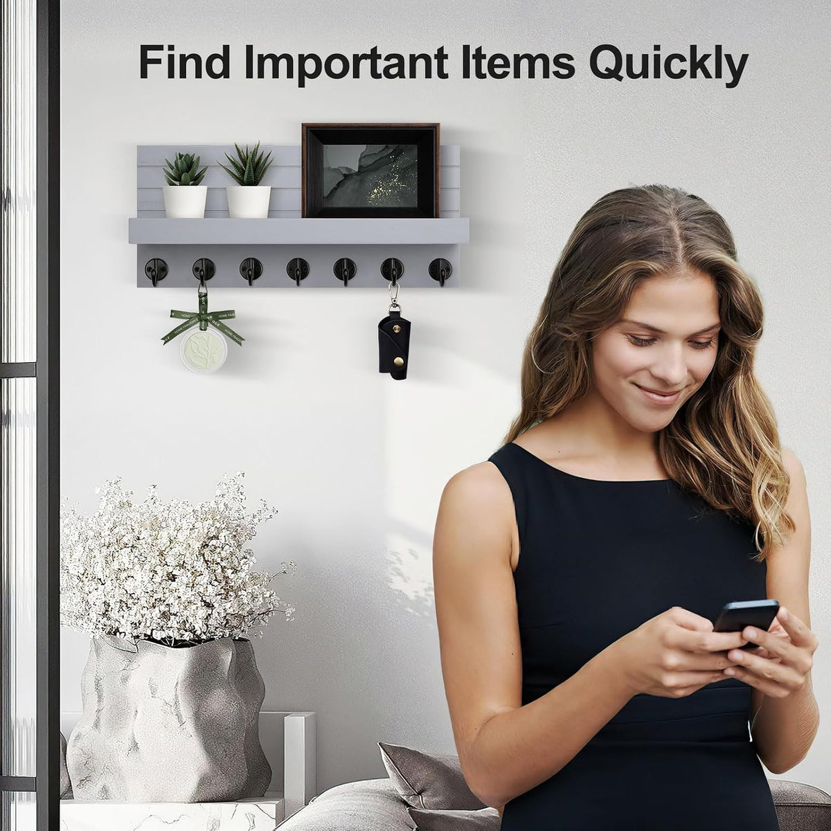 Lwenki Key Holder Wall Mount, Entryway Key and Mail Holder with 7 Sturdy Hooks for Sunglasses, Dog Leash, Decorative Wall Shelf with Mounting Hardware, 15”W x 6.7”H x 4.2”D (Gray)
