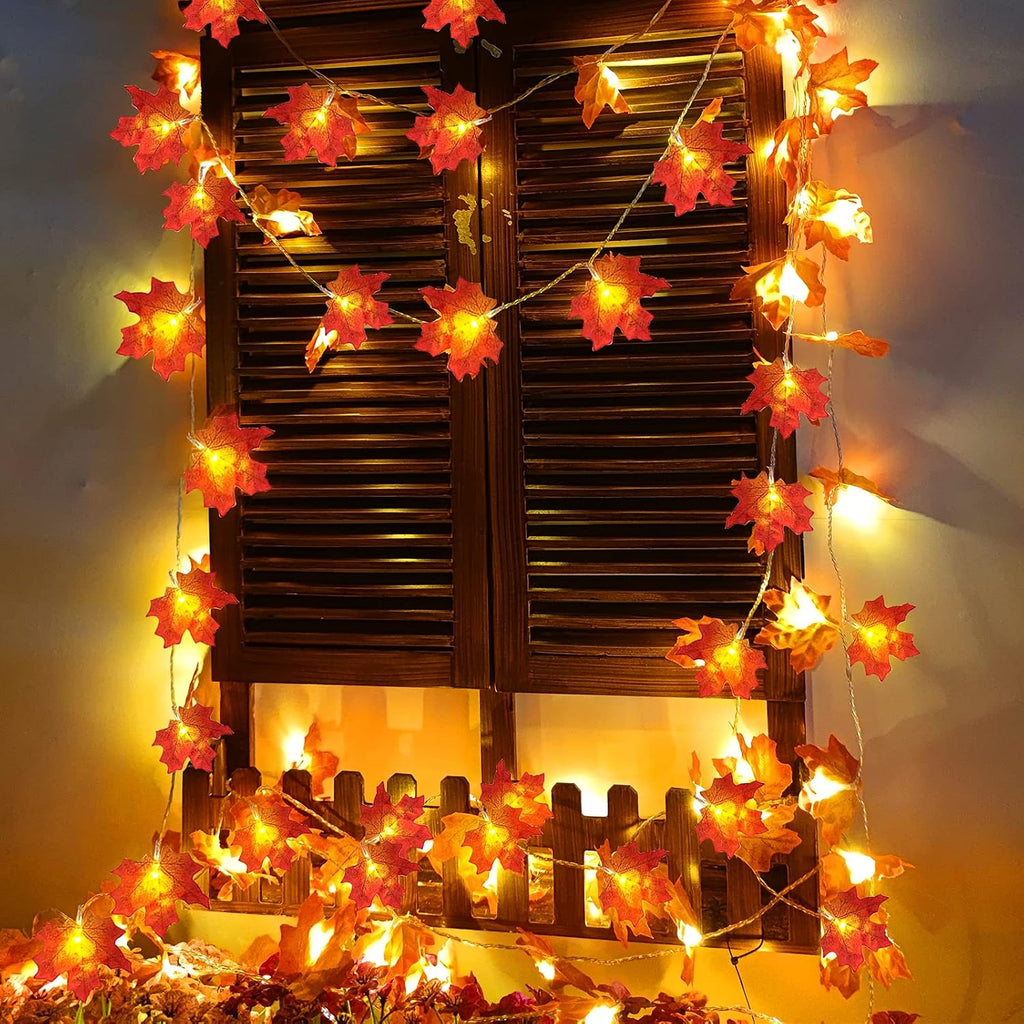 Thanksgiving Decor 2 Pack Fall Garland with Lights Enlarged Maple Leaves