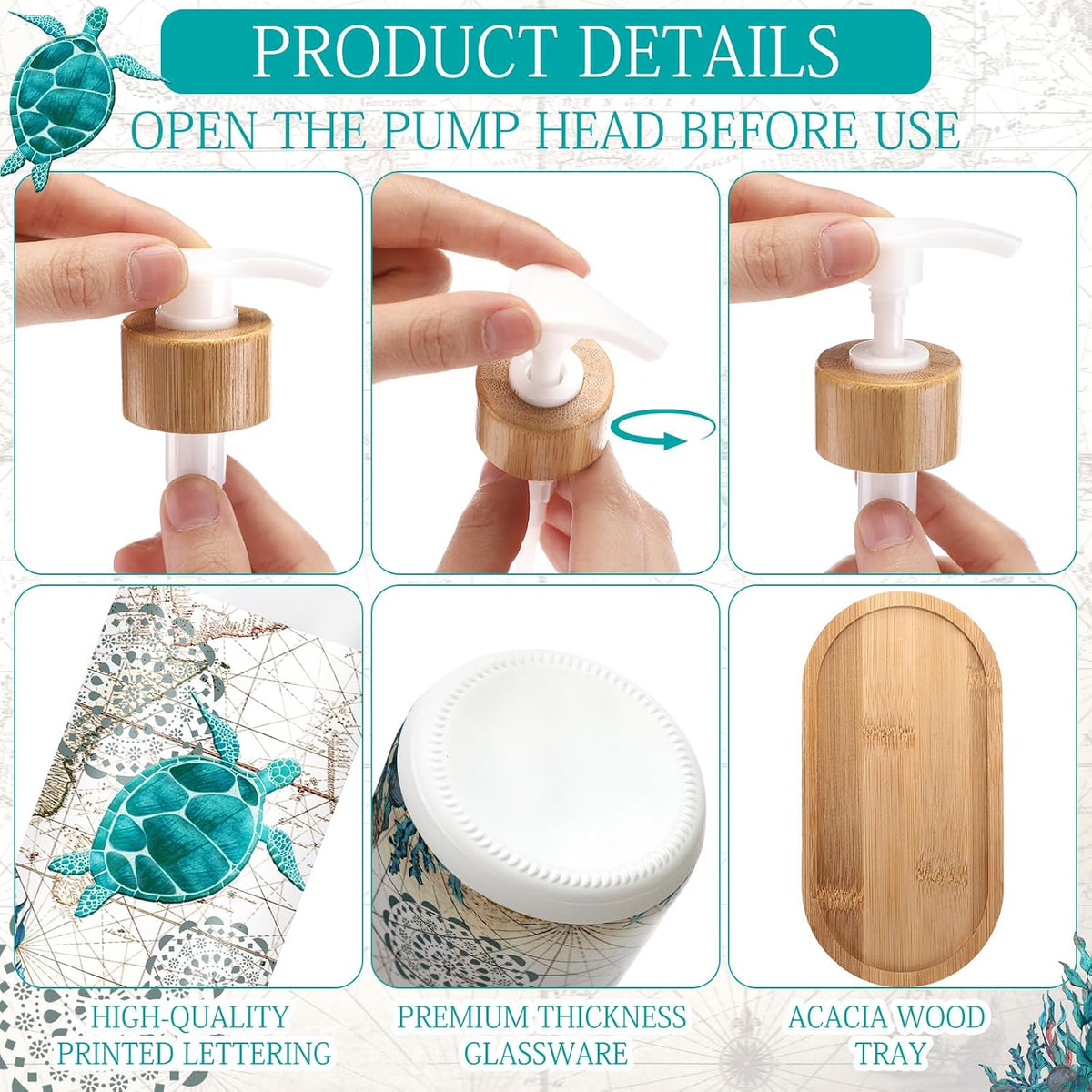 Potchen 2 Pack Sea Turtle Soap Dispenser, Beach Ocean Glass Bathroom Decor