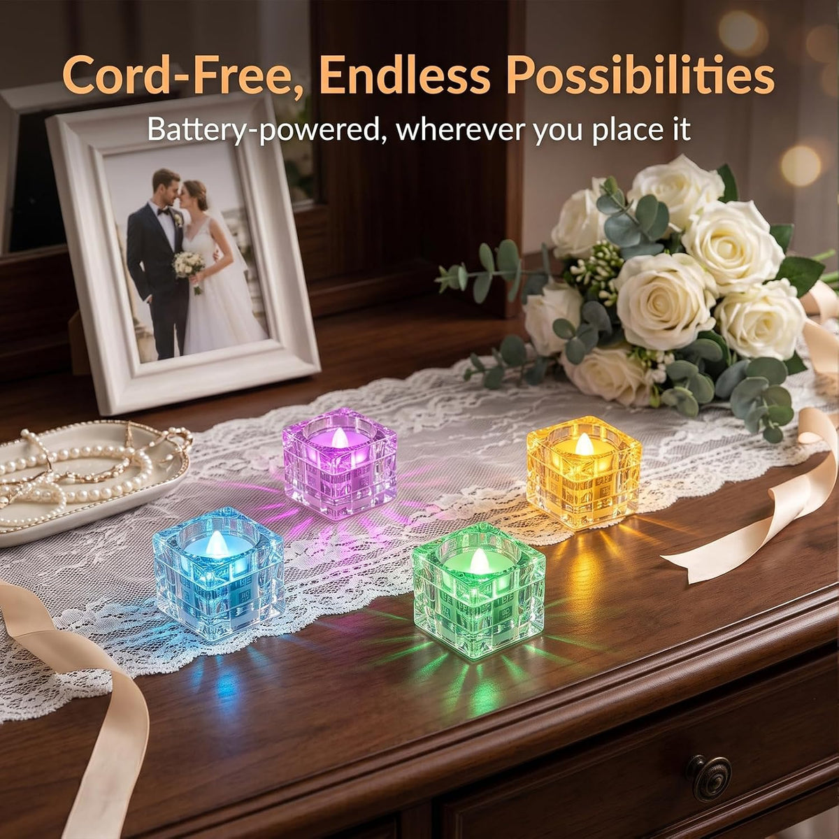 AVEKI 12 Pack Crystal Flameless Tea Lights Candles Battery Operated, Color Changing Flameless Tealight Candles for Halloween Christmas Wedding Party Home Decor (Block-Colorful)