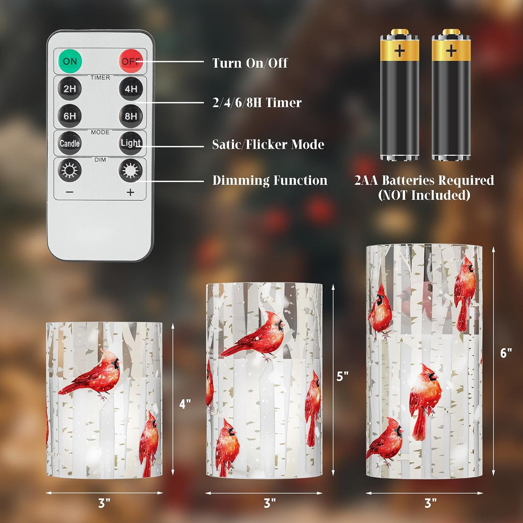 Cardinal Flameless Candles with Remote and Timer, 3 Pack Real Wax LED Glass Pillar Candles Battery Operated Flickering 3D Wick Red Bird Candles for Christmas Holiday Home Decor (3”x4”5”6”)