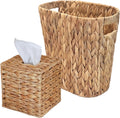 PINXIURY Water Hyacinth Tissue Box Cover, Natural Handmade Wicker Napkin Box Holder and Bathroom Wicker Trash Can, Handwoven Wicker Waste Basket with Handles for Bedroom, Kitchen, Office and Bathroom