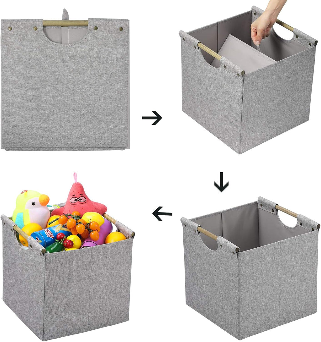 HOONEX Collapsible Storage Bins, 12x12x12in Storage Cubes Linen Fabric, 3 Pack, Storage Baskets with Wooden Carry Handles and Sturdy Heavy Cardboard, for Home, Office, Car, Nursery, Light Grey