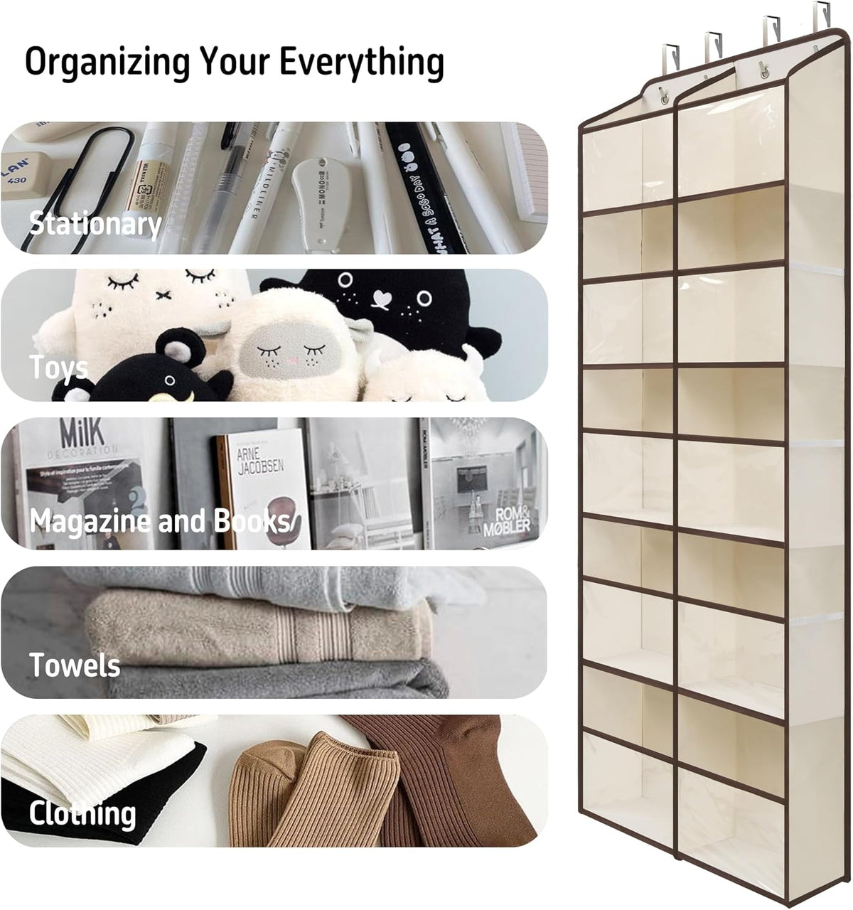 White Over Door Organizer with 10 Large Front Pockets and 6 Side Mesh Pockets, Double-Row Hanging Door Storage for Closet, Bathroom, Nursery, Bedroom, Dorm, Toys, Toiletries, Baby Essentials