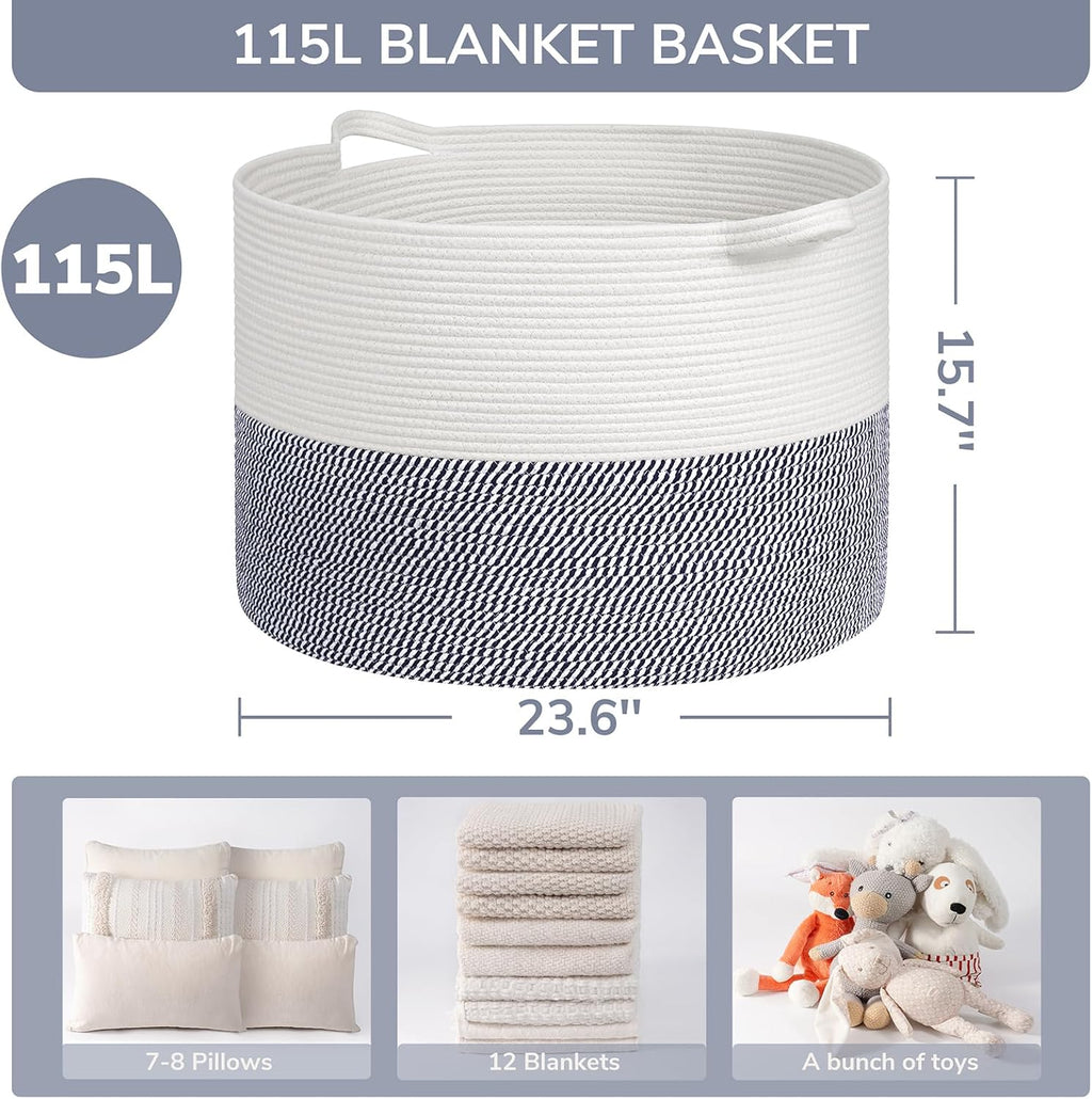 INDRESSME 115L Extra Large Woven Rope Blanket Basket Living Room, Navy