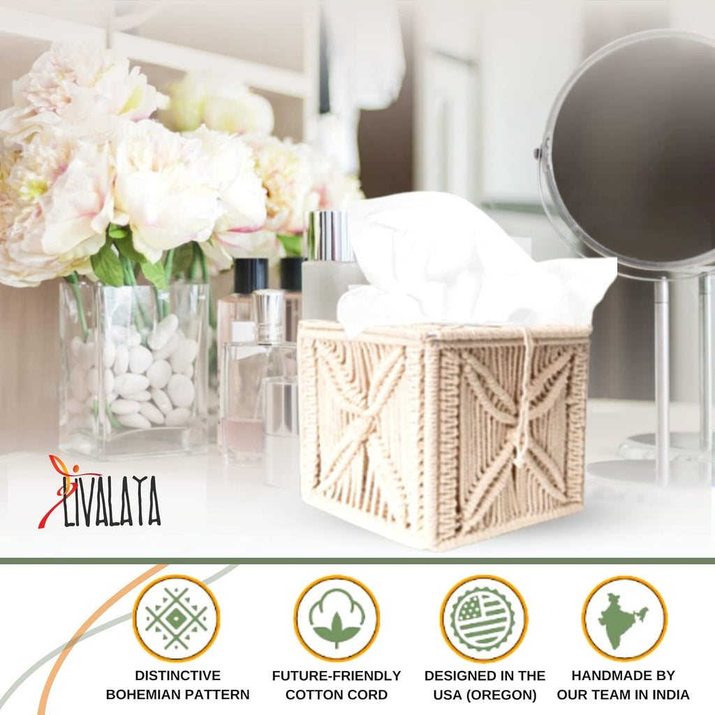 Livalaya Macrame Tissue Box Cover Square Cute Boho Tissue Box Holder, Macrame Napkin Tissues Organizer Toilet Paper holder or Tissues Cube box cover for Bathroom vanity, Bedroom Night Stand Home Décor