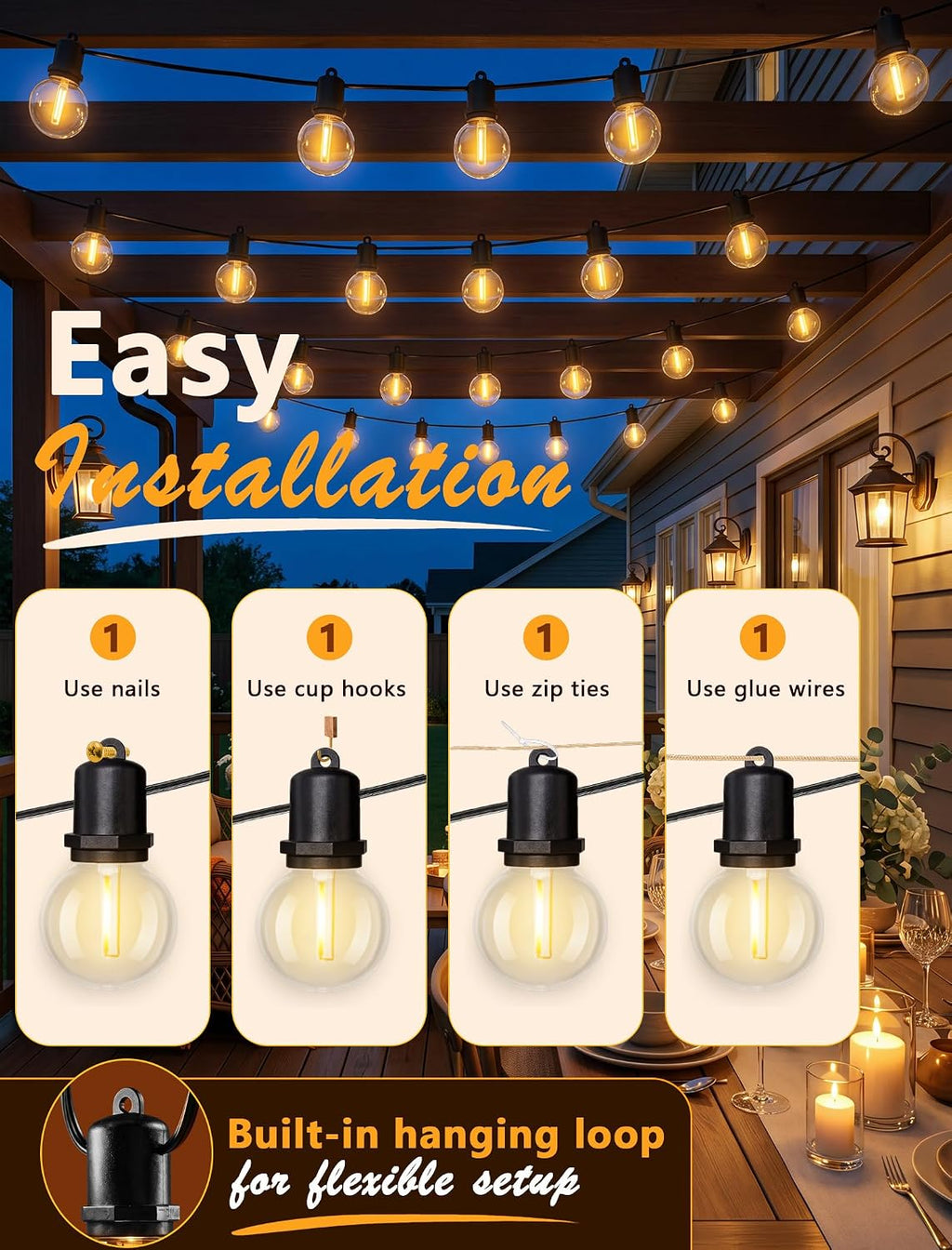 G40 LED Outdoor String Lights, 25FT, 12 Globe Bulbs, Black Wire