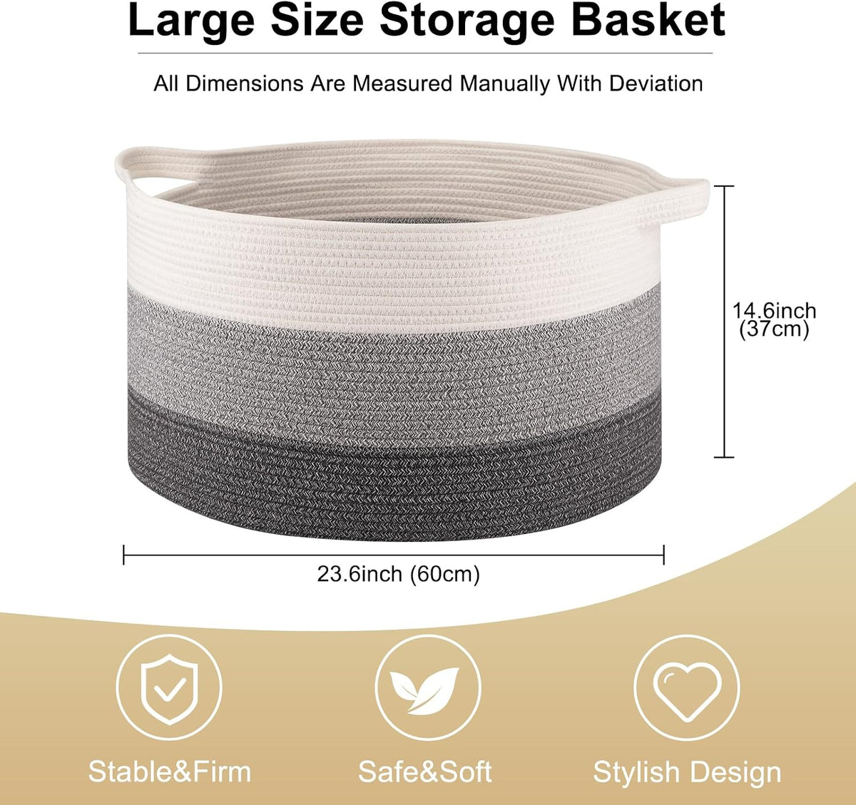 OIAHOMY 105L Extra Large Blanket Basket - Decorative Cotton Rope Storage Basket for Bedroom, Living Room & Nursery - Woven Laundry Hamper for Organizing Blankets, Clothes & Toys - Gradient Grey