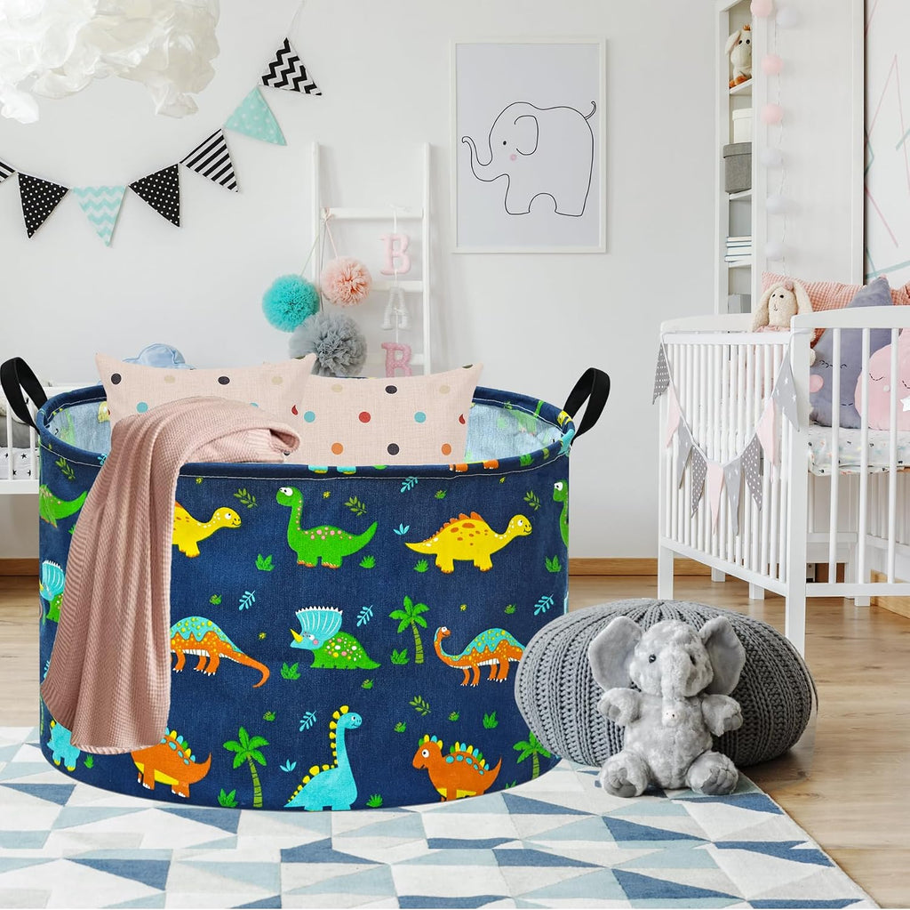 Dinosaur Storage Basket, Large Collapsible Toy Storage Bin with Handles, Cotton Linen Blend Fabric Laundry Basket for Bedroom, Playroom, Nursery, Closet and Home Organization, Navy Blue