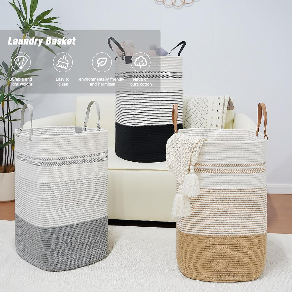 danpinera 100L Nursery Hamper, Tall Woven Laundry Basket with Long Leather Handles, Boho Laundry Hamper for Living Room & Bedroom, Eco-friendly & Convenient Decorative Storage Basket White & Gray