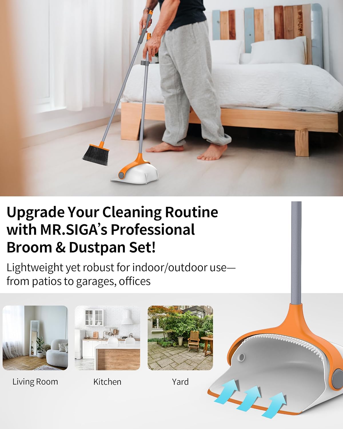 MR.SIGA Broom and Dustpan Set with Adjustable Long Handle, White & Orange