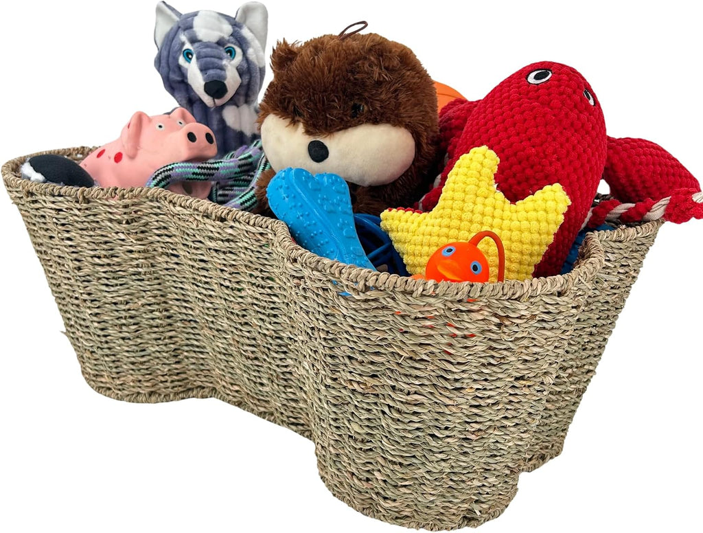 OtterPets Dog Toy Basket, Seagrass Bone Shaped Dog Toy Bin, 22x14