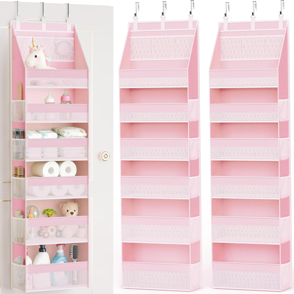 Criusia 2 Pack Over the Door Organizer, 6-Shelf Closet Hanging Storage with 13 Mesh Pockets, 55lbs Capacity Behind the Door Storage for Baby Nursery, Bathroom, Bedroom, and Dorm, Pink