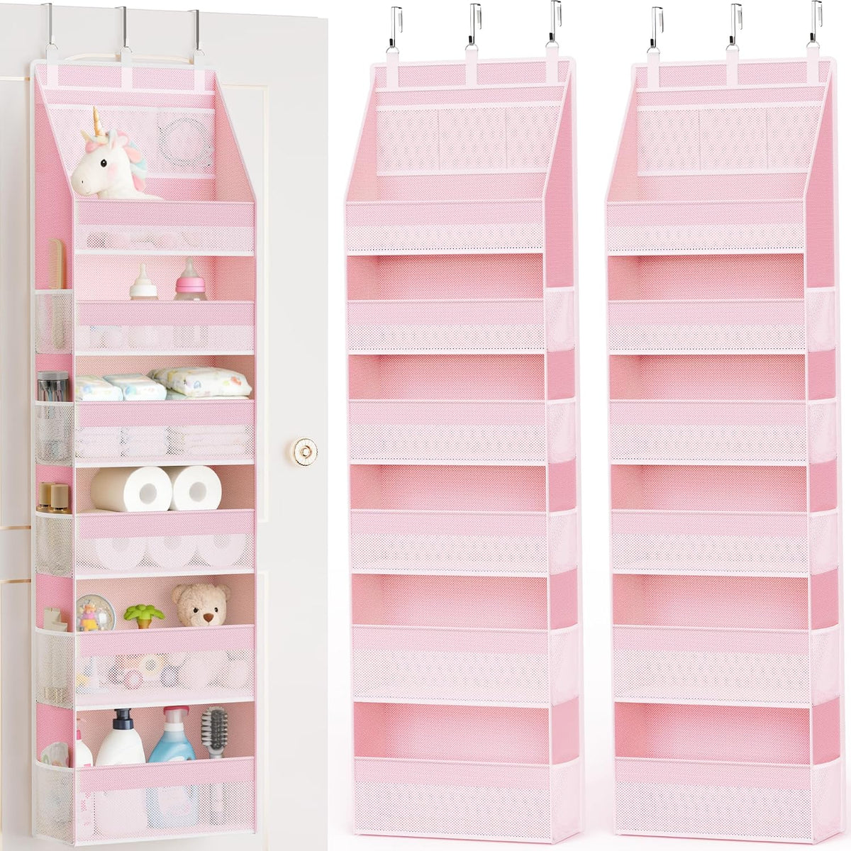 Criusia 2 Pack Over the Door Organizer, 6-Shelf Closet Hanging Storage with 13 Mesh Pockets, 55lbs Capacity Behind the Door Storage for Baby Nursery, Bathroom, Bedroom, and Dorm, Pink