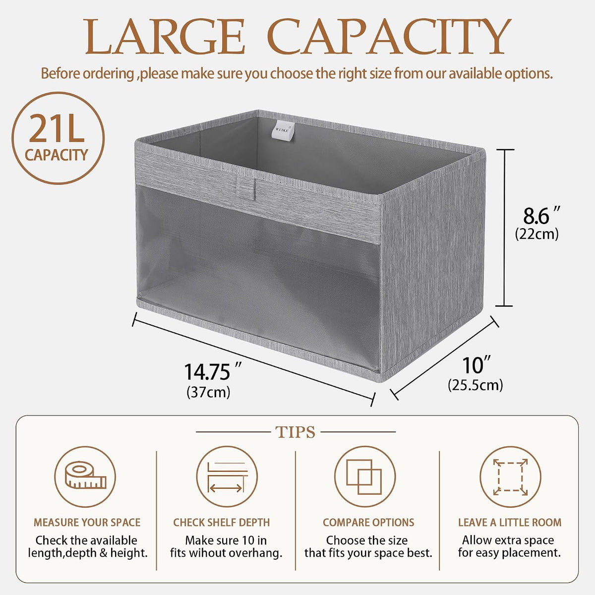 WUIKE Foldable Storage Bins, Clear Window Bins, Light Gray, Large, 3-Pack