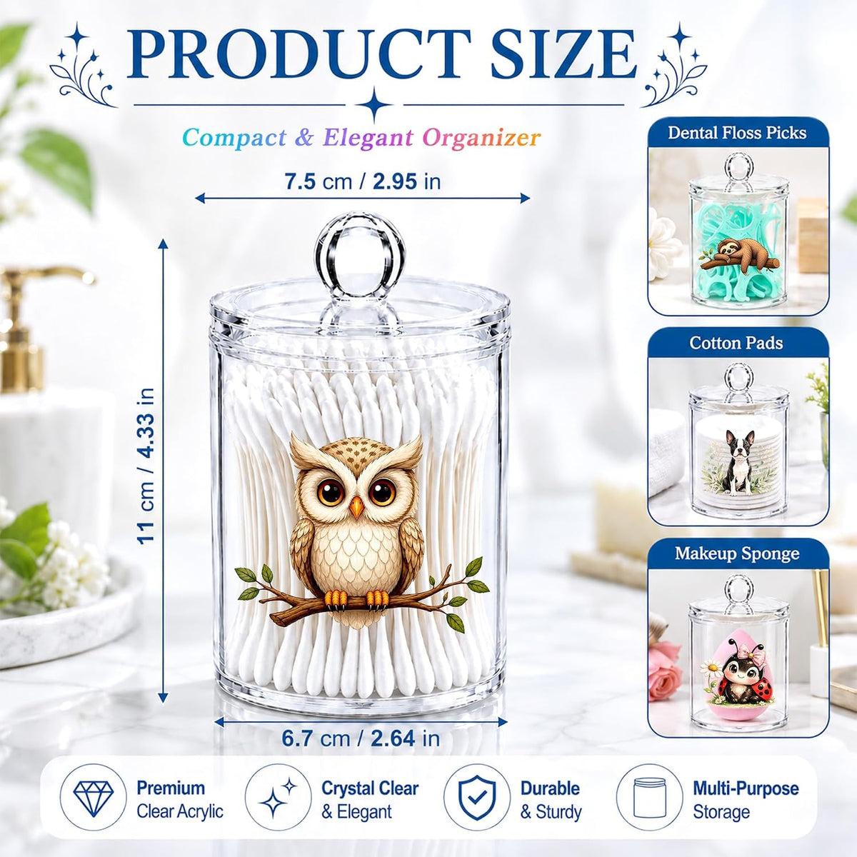 Bee Sunflower Cotton Swab Holder with Lid Clear Acrylic Apothecary Jar
