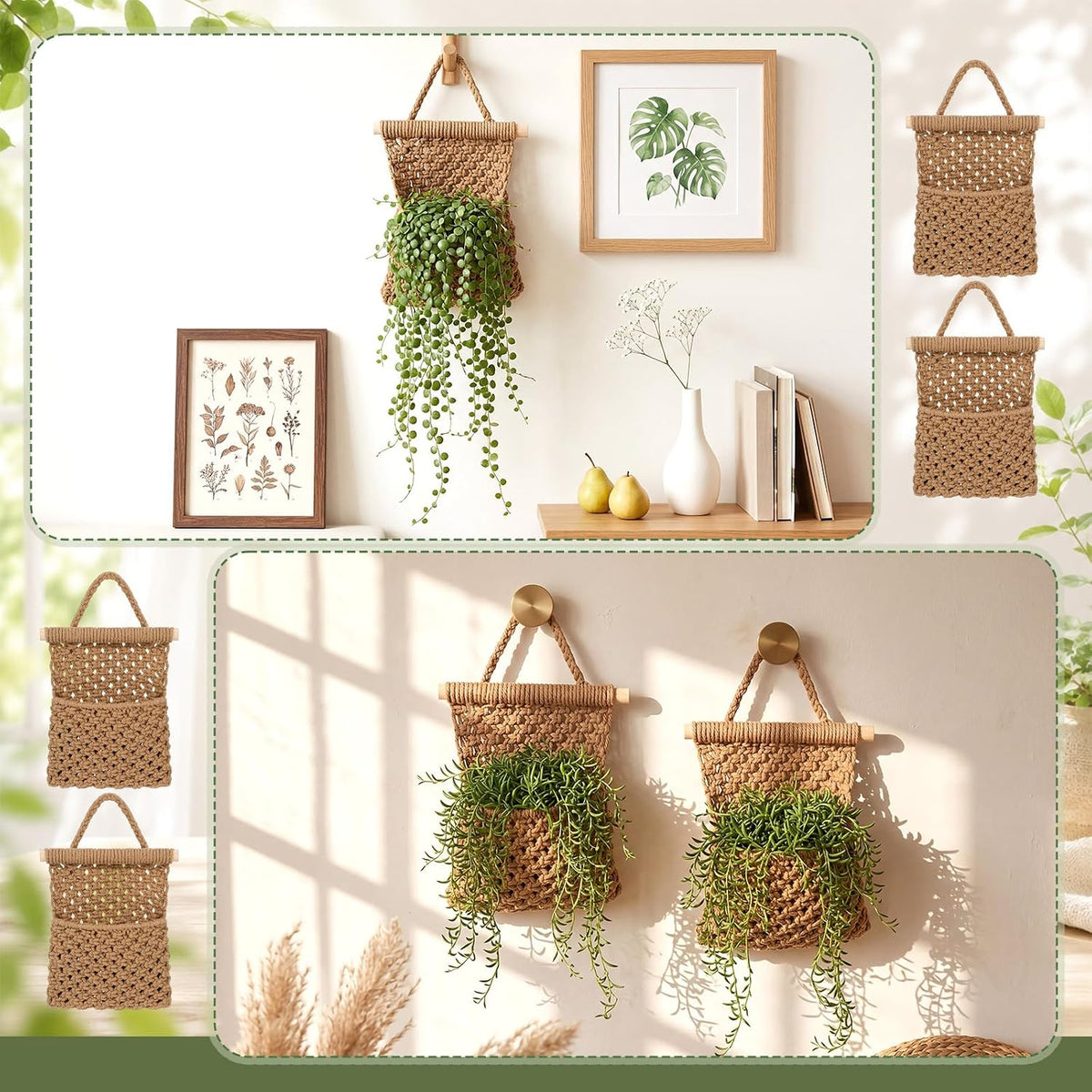 4 Pack Macrame Wall Plant Hangers, Jute with Wooden Rod for Indoor