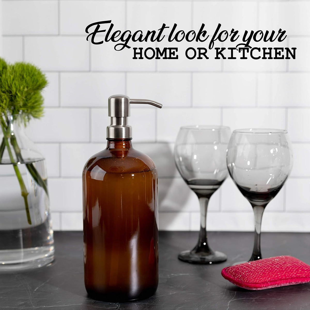 Kitchentoolz Large Pump Bottle - 32 Ounce Shampoo and Soap Dispenser - Amber
