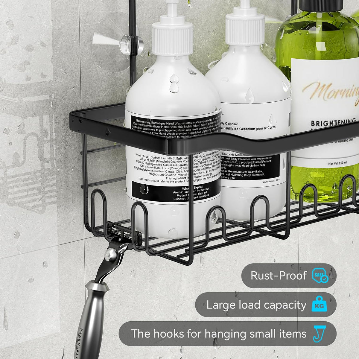 BYT Shower Caddy Hanging, Organizer Hanging for Bathroom, Shower Basket with Hooks, Shower Storage, Shelf, Rack No Drilling for Faucet or Cross Bar (Black)