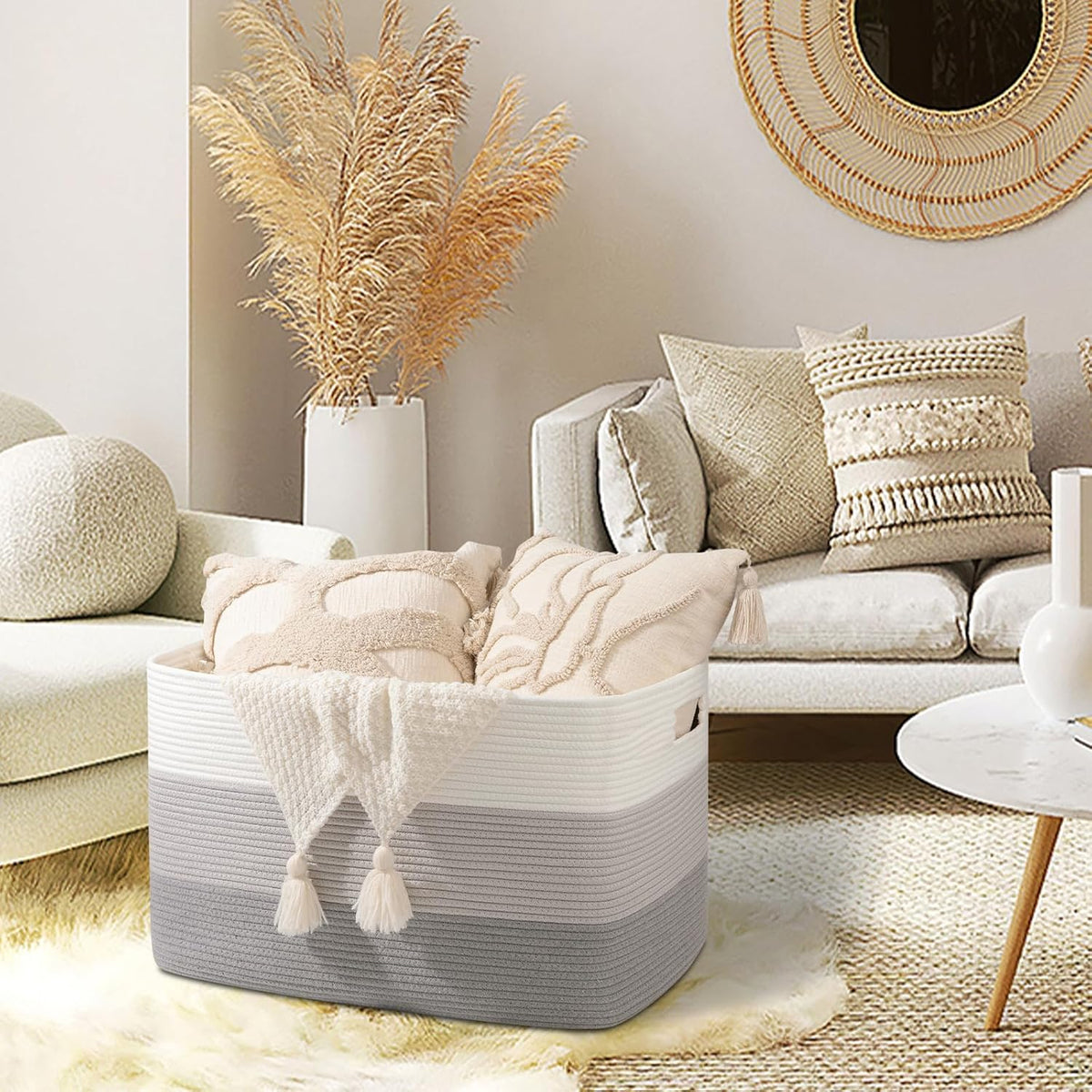 OIAHOMY 118L Extra Large Blanket Basket Cotton Rope Storage Basket Grey