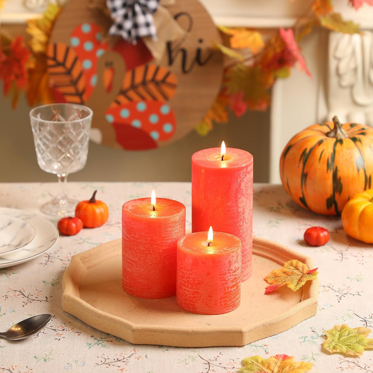 Orange Pillar Candles, 3x3 Inch Fall Pillar Candles Set of 3