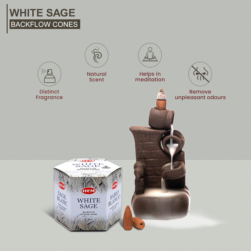 HEM White Sage Backflow Incense Cones – Pack of 40 Brown Cones | Long-Lasting Natural Aroma for Positivity, Cleansing & Meditation | Wood Powder Aromatherapy for Stress Relief & Air Purification