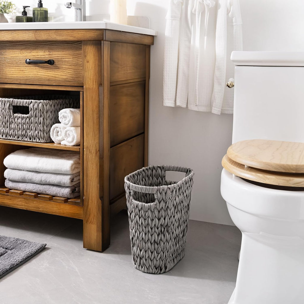GRANNY SAYS Bathroom Trash Can, Wicker Waste Basket for Bathroom, Gray