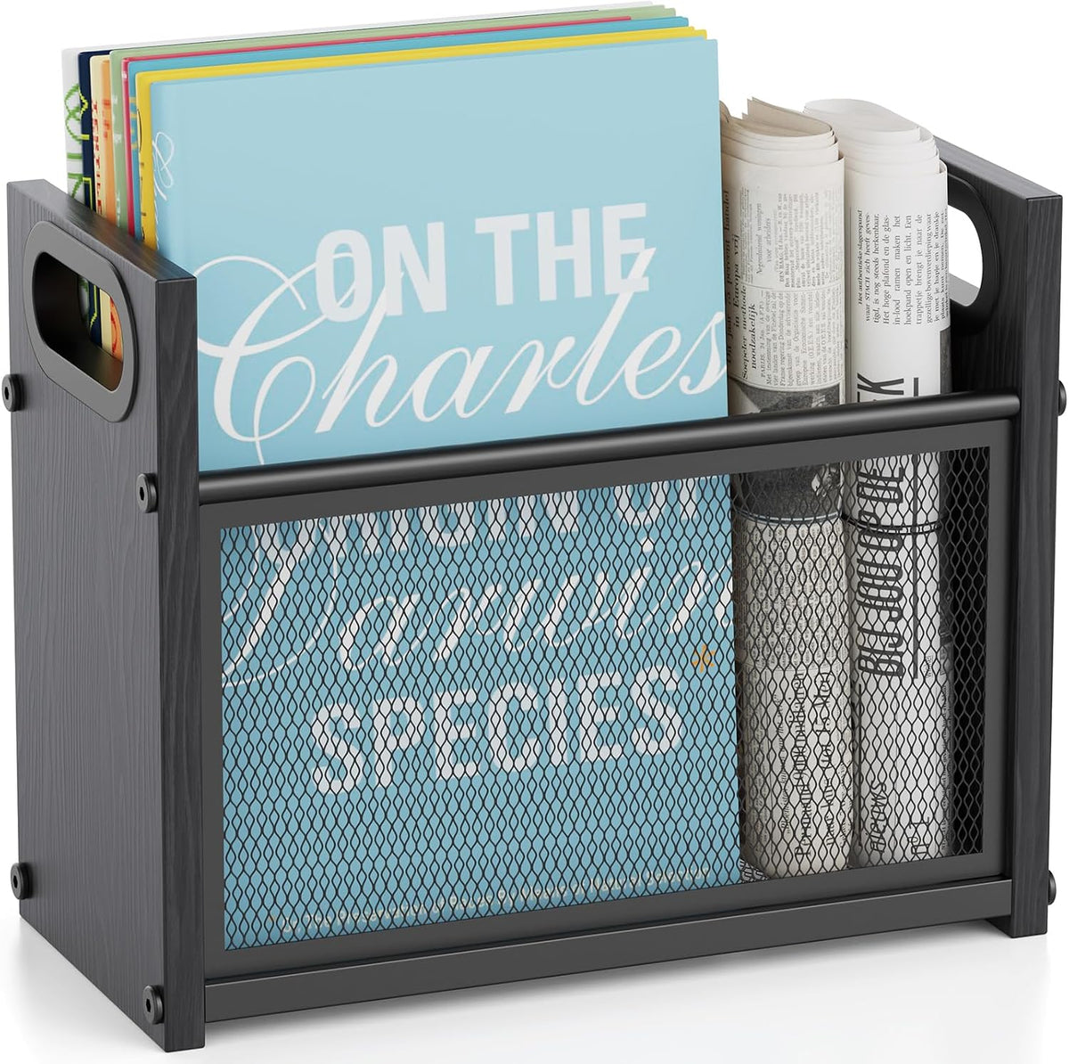 Black Magazine Holder, Wood Magazine Rack Floor, Mesh Magazine File Holder, Magazine Storage Basket, Magazine Holders for Classroom, Magazine Stand for Desk, Folder Organizer Bin for Books