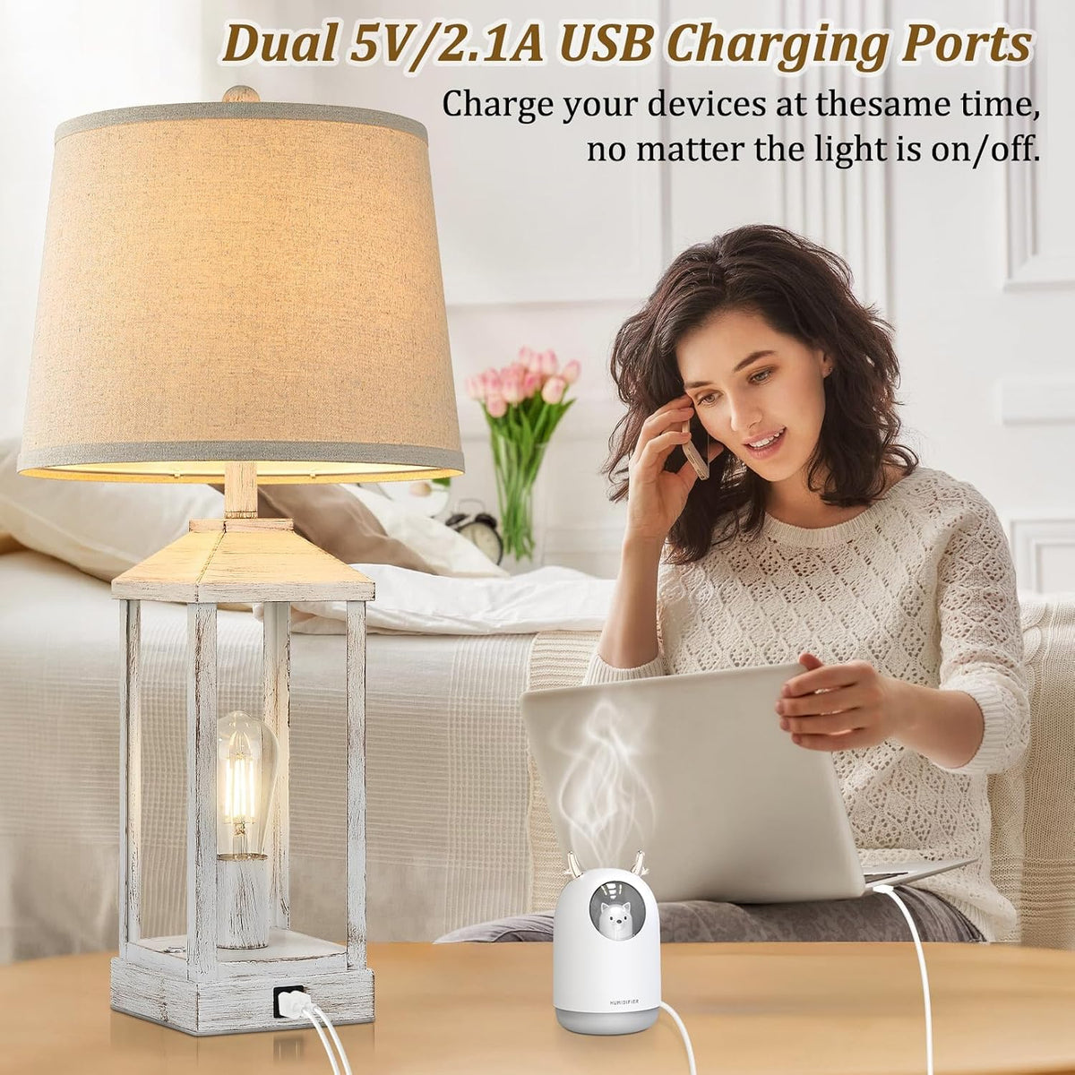 28" Farmhouse Table Lamps for Living Room Set of 2, 3-Way Dimmable Bedside Lamp with USB Ports, White Rustic Touch Control Nightstand Lamps for Bedroom, Modern Desk Lamp for Office, 4 Bulbs Included