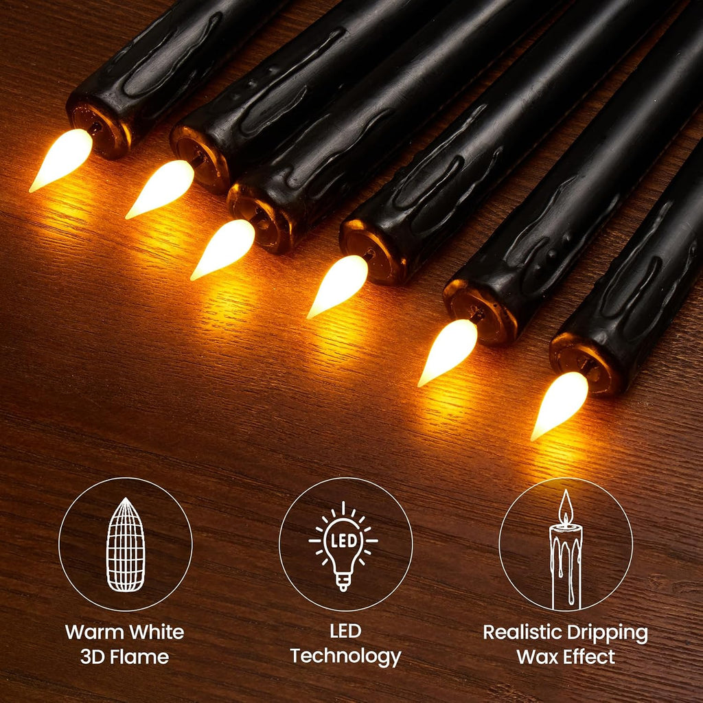 Halloween Decor, Wax Drip Black Flameless Taper Candles with Remote, 6 Pack