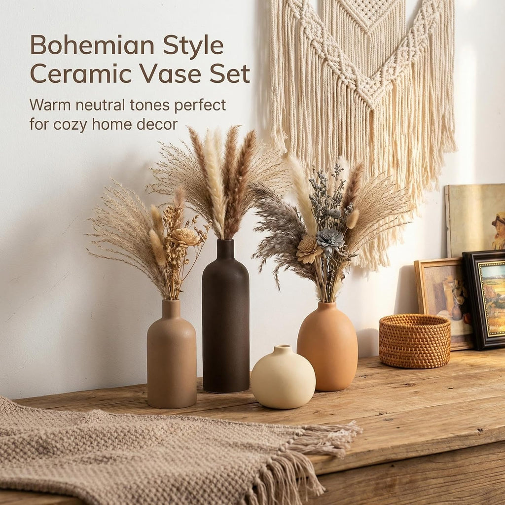 Neutral Ceramic Vase Set of 4, Modern Colors Home Decor, Rustic Farmhouse Decorative Flowers Vases for Bouquet, Pampas | Table Mantel Centerpiece Bookshelf Living Room Bedroom (Neutral Mix Set of 4)