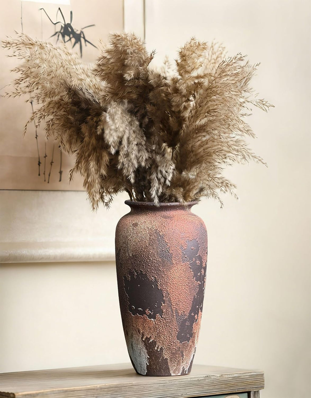 12-Inch Rustic Brown Textured Ceramic Vase for Eucalyptus and Pampas Grass
