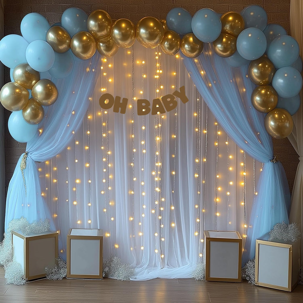 10x10ft Baby Blue Tulle Backdrop Curtain with Lights String Sheer Drapes for Baby Shower Decorations for Boy, Bridal Shower, Photo Booth, Birthday Party Decor(2 Panels)