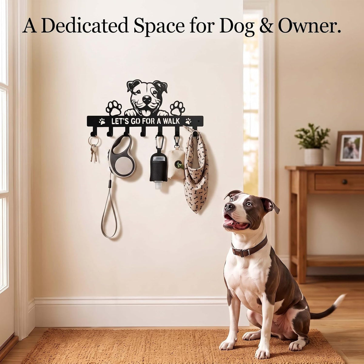 Metal 7‑Hook Pitbull Wall Dog Leash Holder, Pit Bull Dog Wall Art