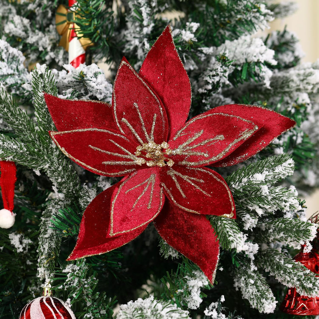 10.2’’ Large Glitter Christmas Flowers 6 Pcs Artificial Poinsettia Flower Velvet Christmas Tree Flower Ornaments Fold Floral for Christmas Decorations New Year Party Wedding (Wine Red)