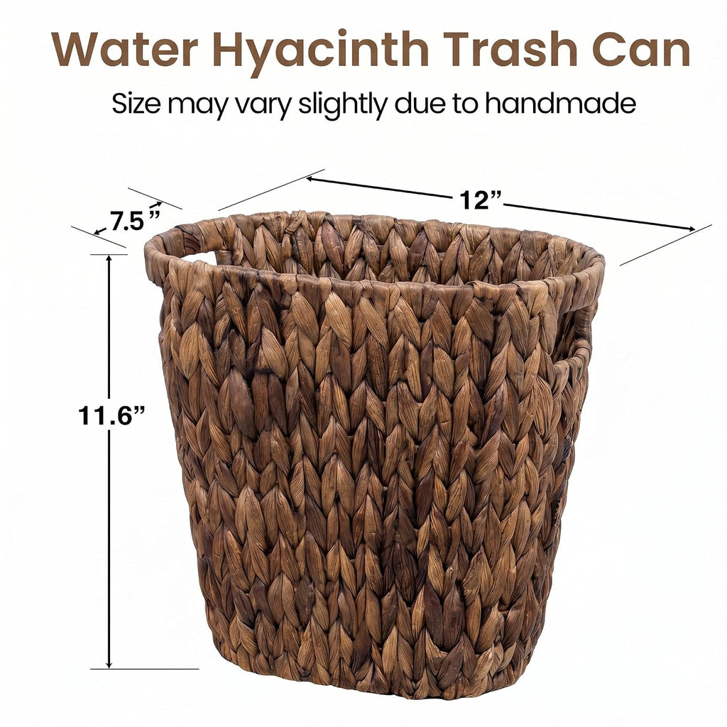 iEGrow 2 Pack Wicker Trash Can, Wicker Waste Basket for Bathroom, Woven Black Hyacinth Wicker Boho Garbage Can Built-in Handles for Bedroom, Office, Decor Home, Kitchen, Living Room (Oval)