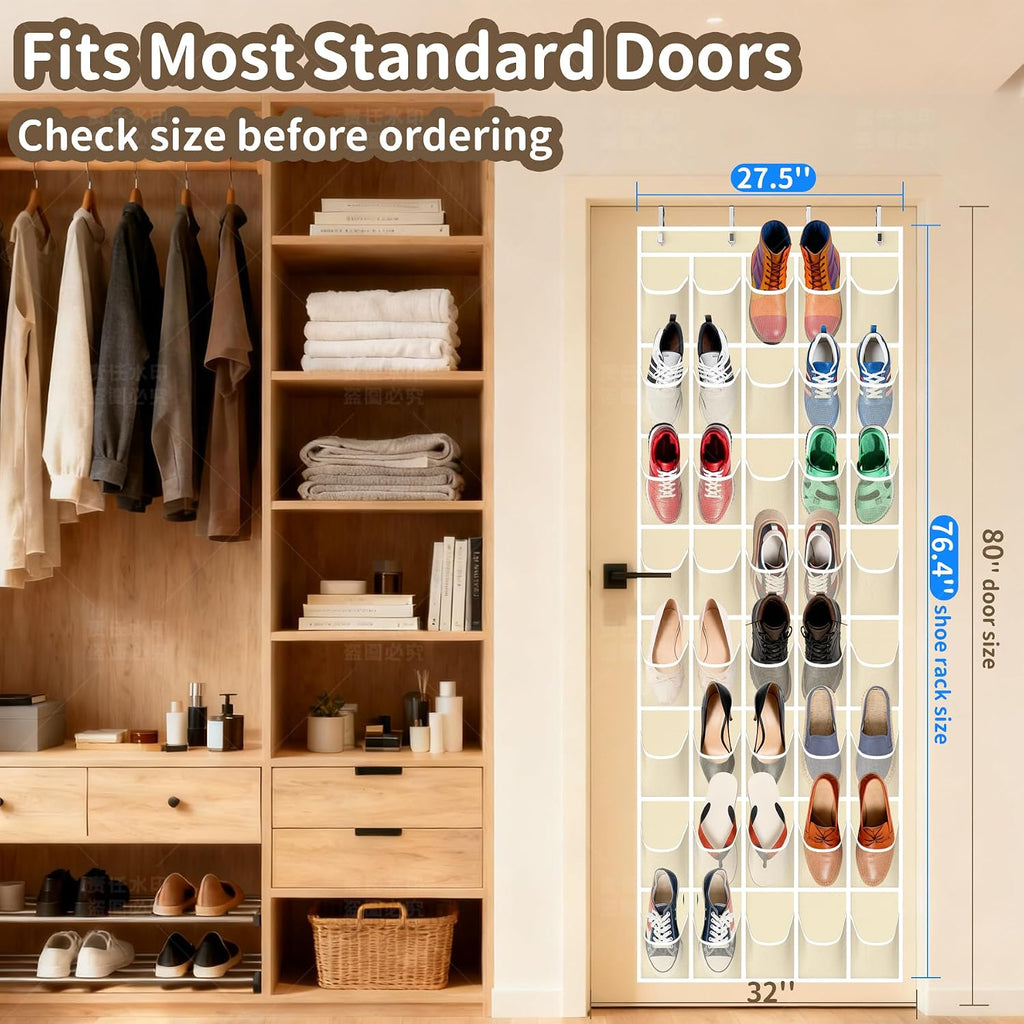 Over the Door Shoe Organizer with 40 Large Pockets, Multi-Purpose Storage for Shoe and Accessories, Durable Fabric with Adjustable Hooks for Home Closet Bedroom Entryway -Beige