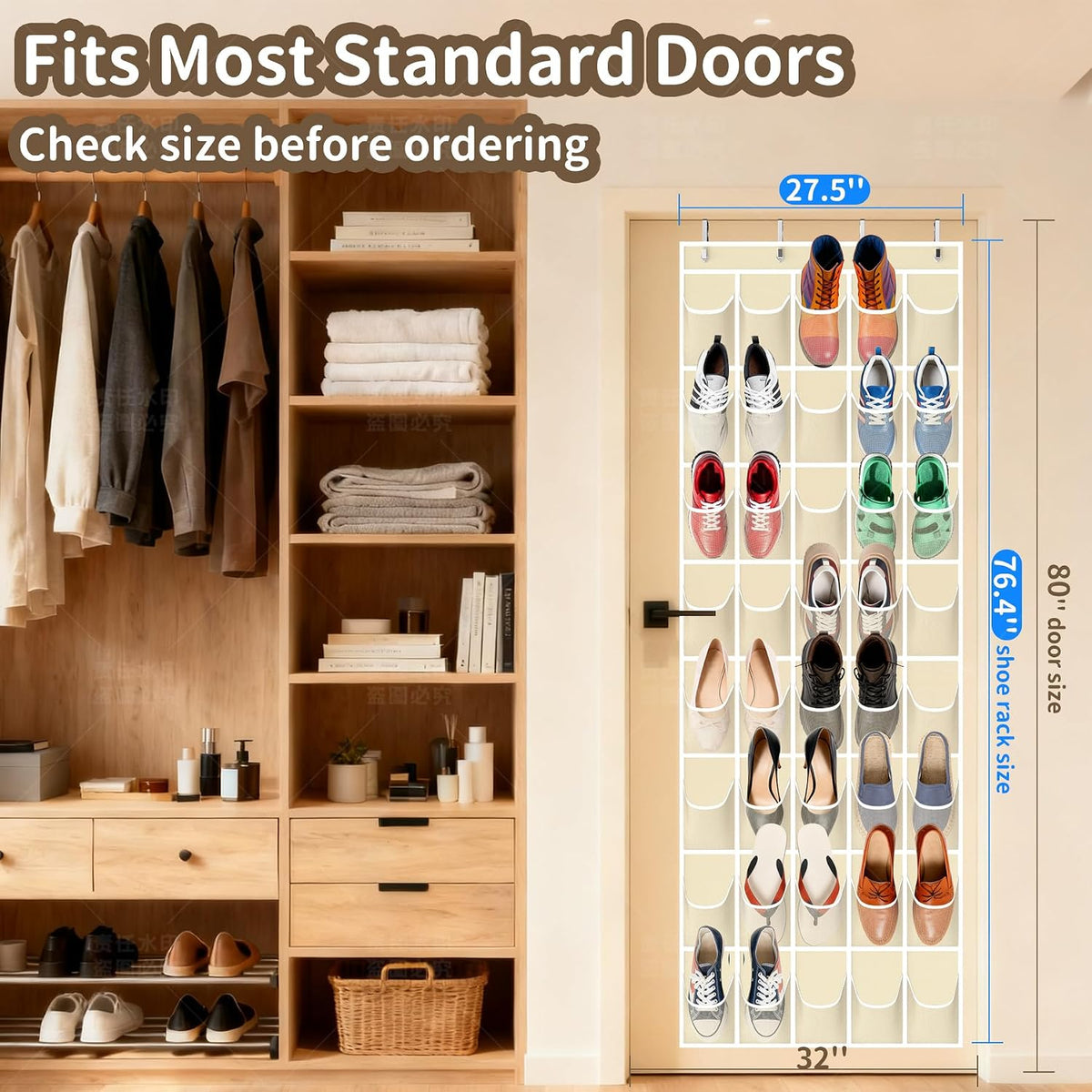 Over the Door Shoe Organizer with 40 Large Pockets, Multi-Purpose Storage for Shoe and Accessories, Durable Fabric with Adjustable Hooks for Home Closet Bedroom Entryway -Beige