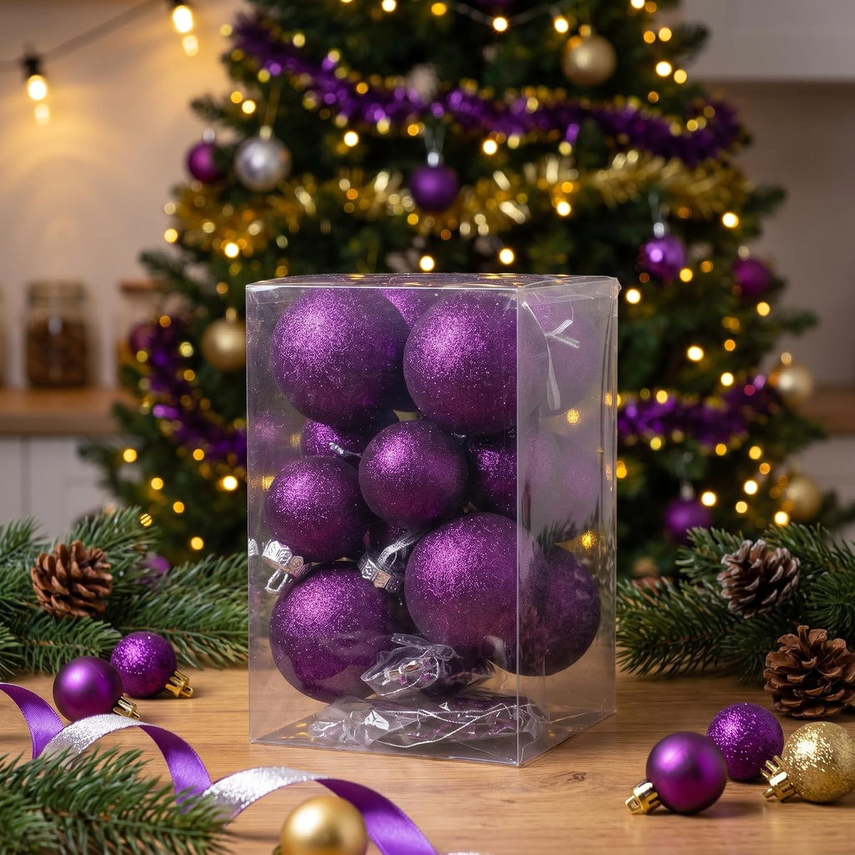 Purple Christmas Ornaments Ball Set for Tree Decor, Glitter