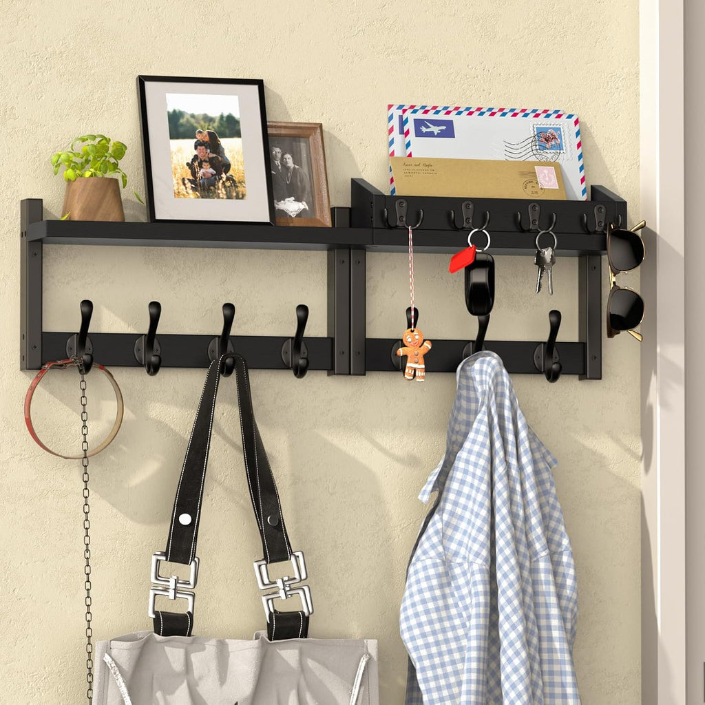 29'' Black Coat Rack Wall Mount with Shelf, Solid Wood Coat and Key Hanger with 11 Metal Hooks, Farmhouse Wall Organizer for Mail, Entryway Wall Hangers for Hats, Clothes, Backpacks, Mudroom