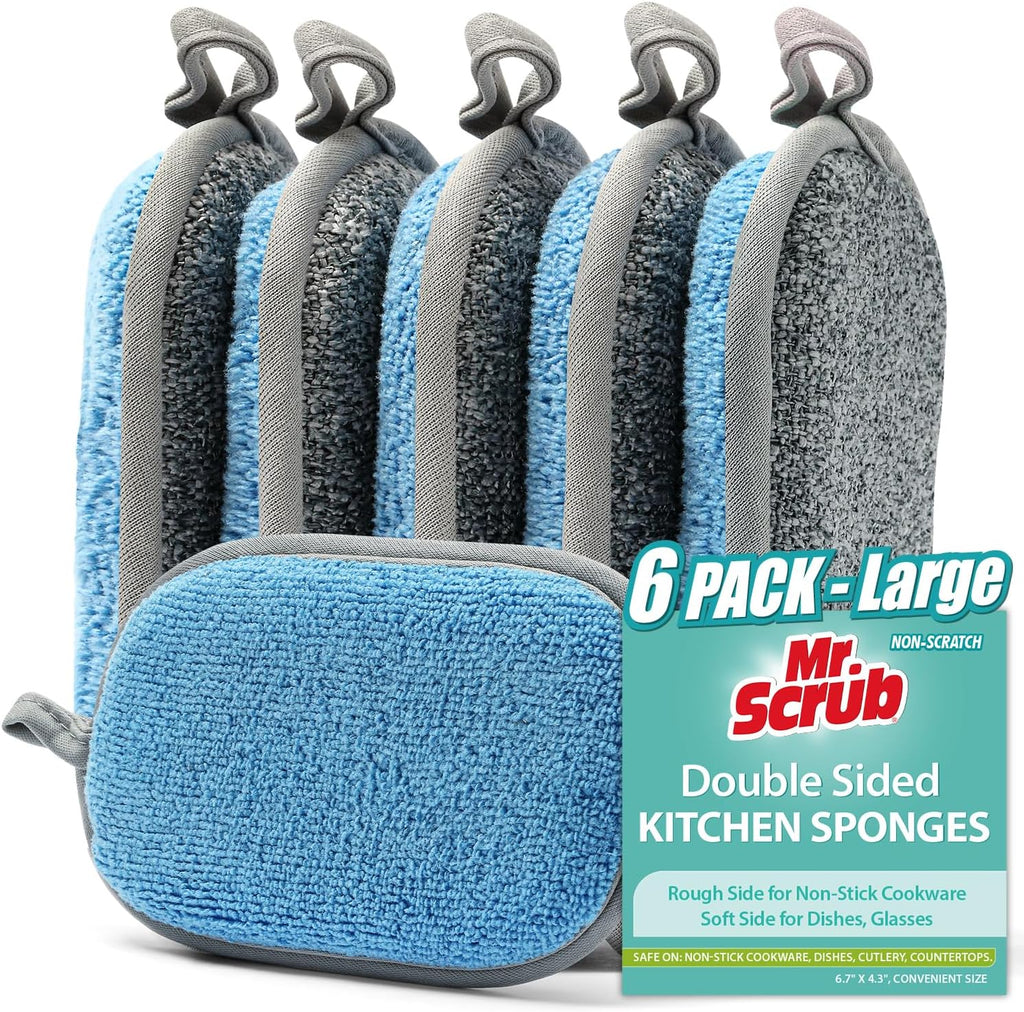 All-Purpose Sponges Kitchen, Non Scratch Dish Sponge for Washing Dishes Cleaning Kitchen, Rough Scrubbers Side for Non-Stick Cookware, Soft Microfiber Scrub Side for Dishes（6 Pack, Large）