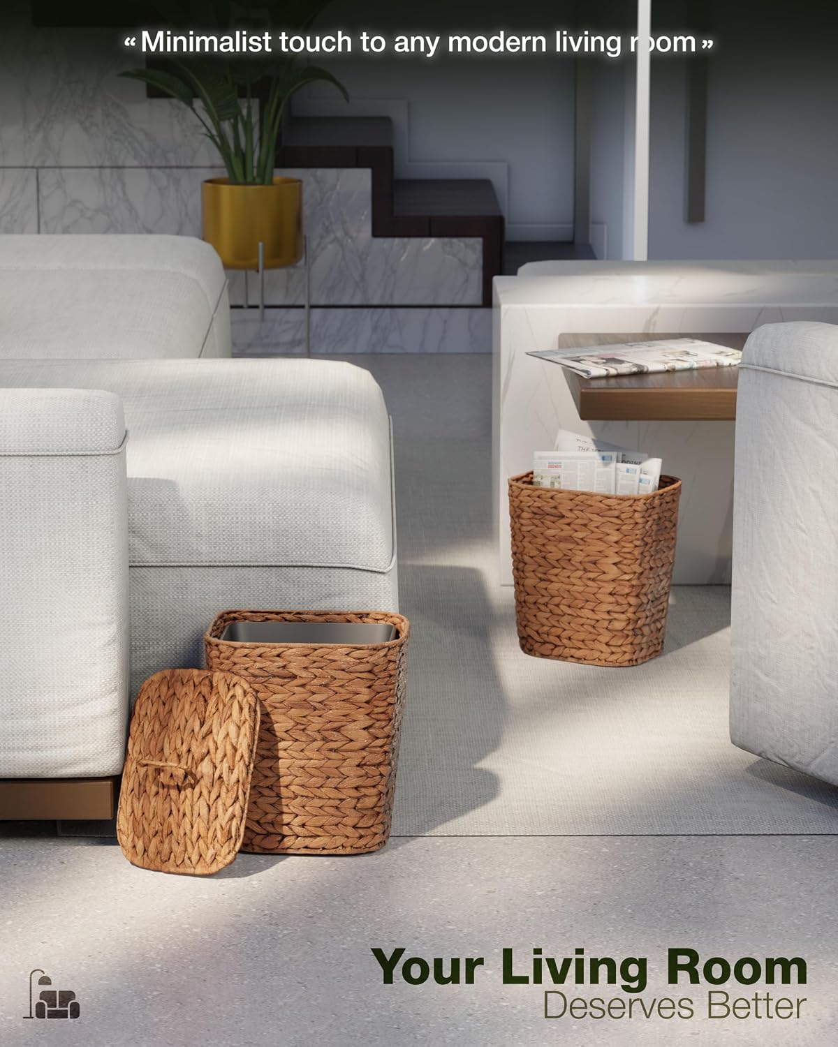 BLUEWEST 2.6 Gallon Wicker Trash Can with Lid, Handwoven Rattan Bin, Walnut