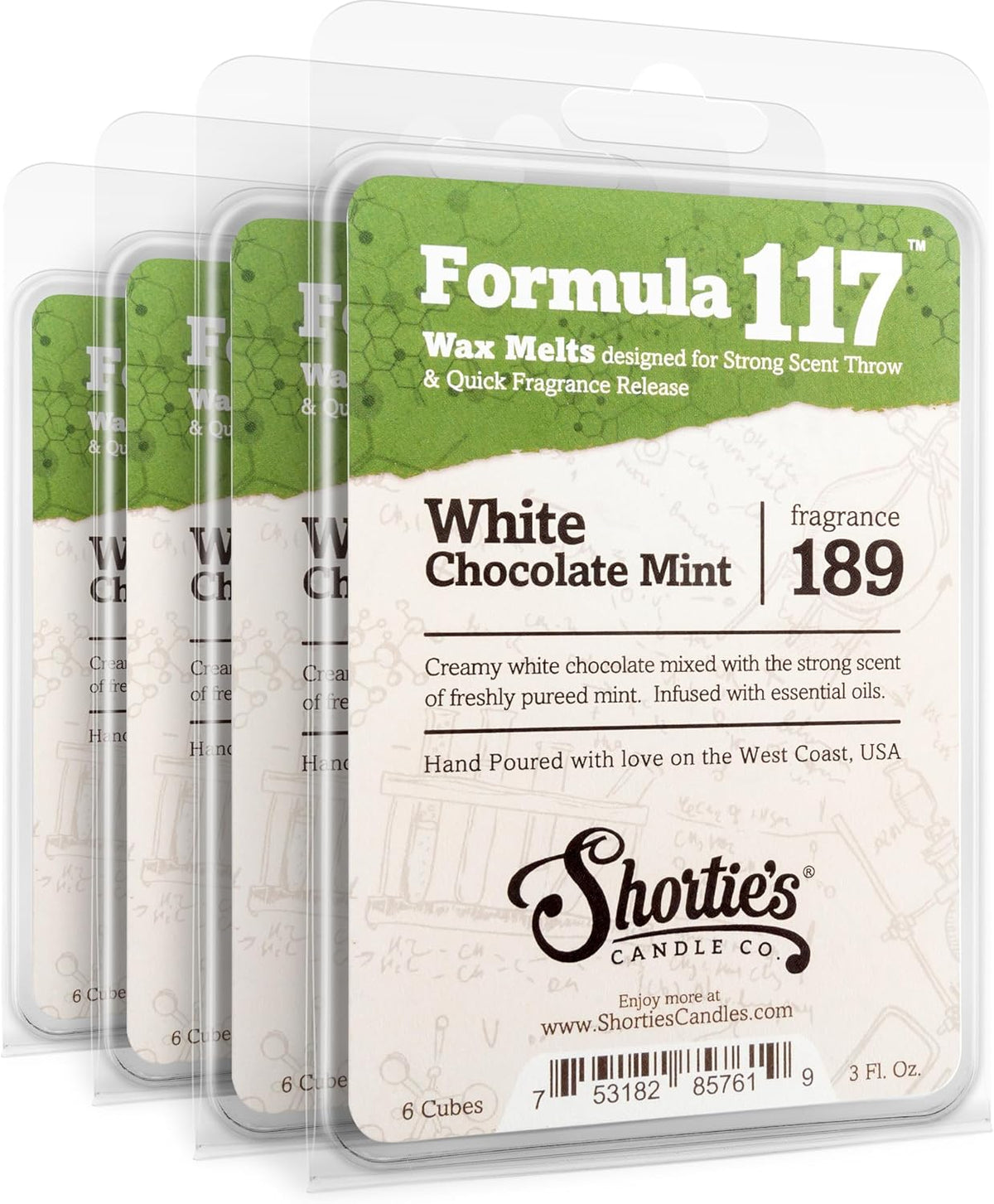 Shortie's Candle Company White Chocolate Mint Premium Wax Melts 4 Pack - 12 Oz., Strong & Long Lasting, Non-Toxic - Made with Essential & Natural Oils - Formula 117