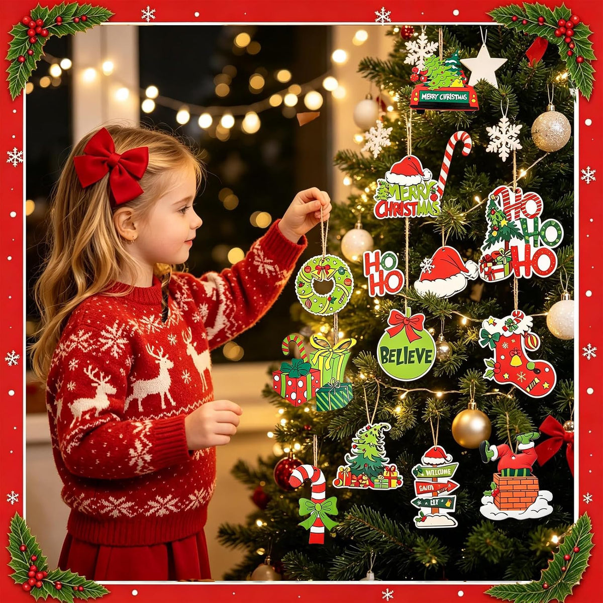 36Pcs Wooden Christmas Hanging Ornaments Set, 12 Styles Retro Cartoon Xmas Tree Decorations, Red Green Classic Color Indoor Home Holiday Decor, Bulk Small Wooden Ornaments for Tree Mantel Party Decor